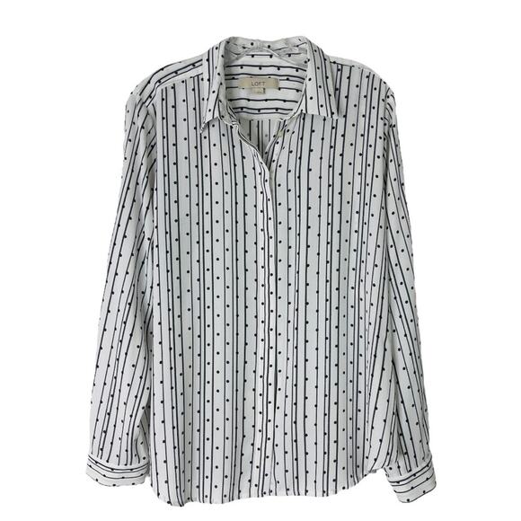 Loft black white striped polka dot chiffon preppy office button front top large - Picture 1 of 6